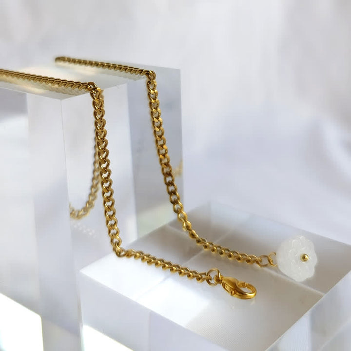 Men's 18K Gold-Plated Natural Stone Lapel Chain Suit Brooch with Hanging Chain - White Lotus - Gold - image 5