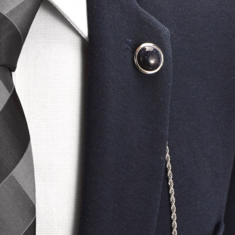 Men's Classic Natural Gemstone Lapel Chain Suit Brooch With Hanging Chain