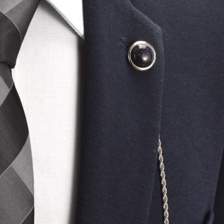 Men's Classic Natural Gemstone Lapel Chain Suit Brooch With Hanging Chain