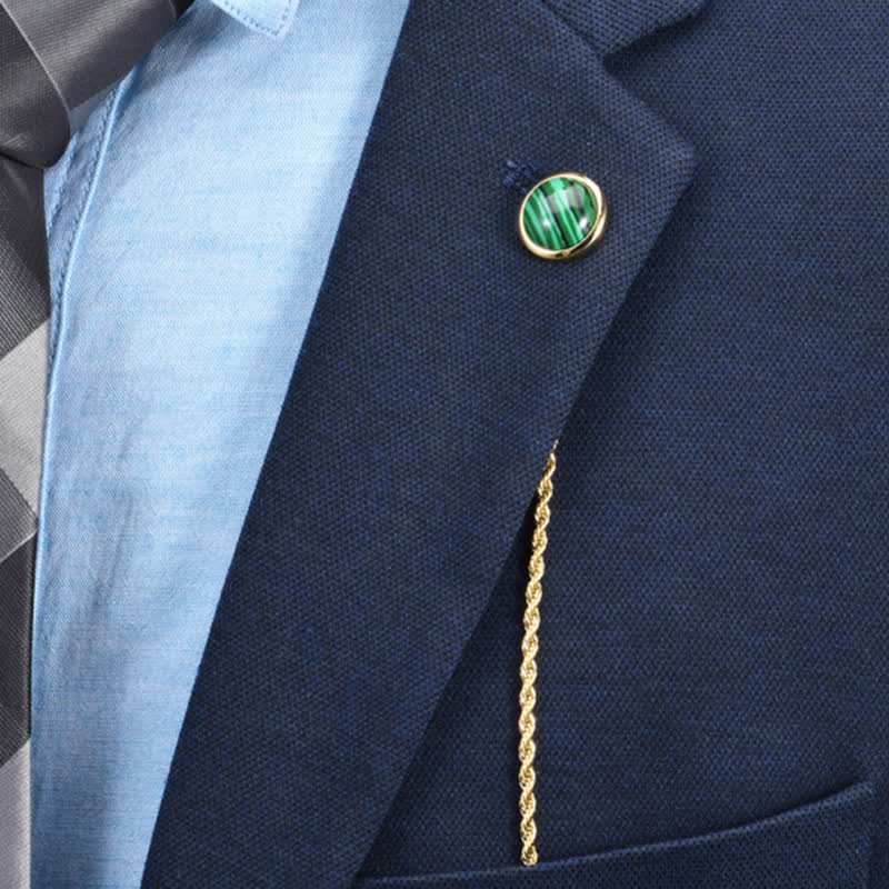 Men's Classic Natural Gemstone Lapel Chain Suit Brooch With Hanging Chain