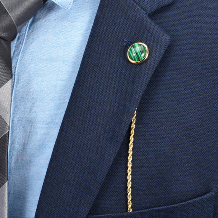 Men's Classic Natural Gemstone Lapel Chain Suit Brooch With Hanging Chain
