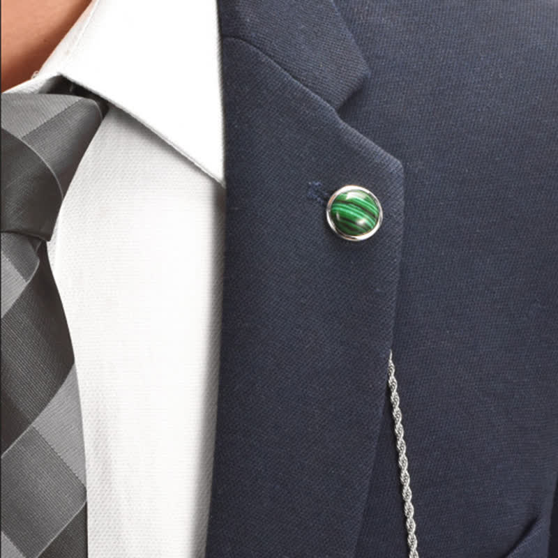 Men's Classic Natural Gemstone Lapel Chain Suit Brooch With Hanging Chain