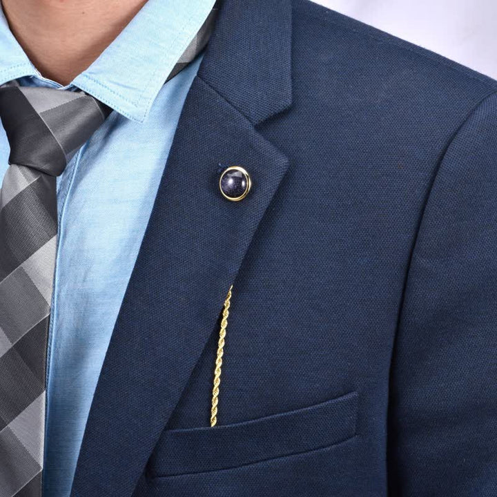 Men's Classic Natural Gemstone Lapel Chain Suit Brooch With Hanging Chain