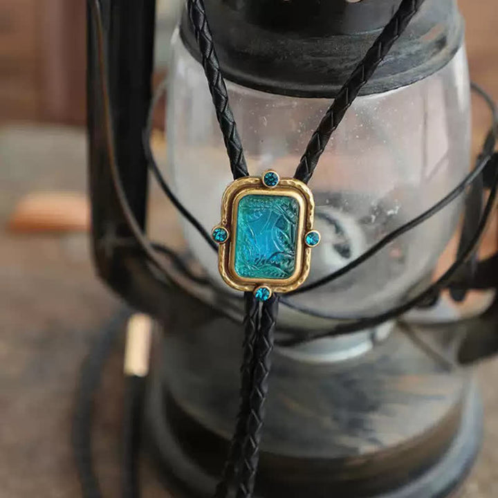Blue & Green Seascape Retro Palace Style Bolo Tie - Leather Rope - image 2
