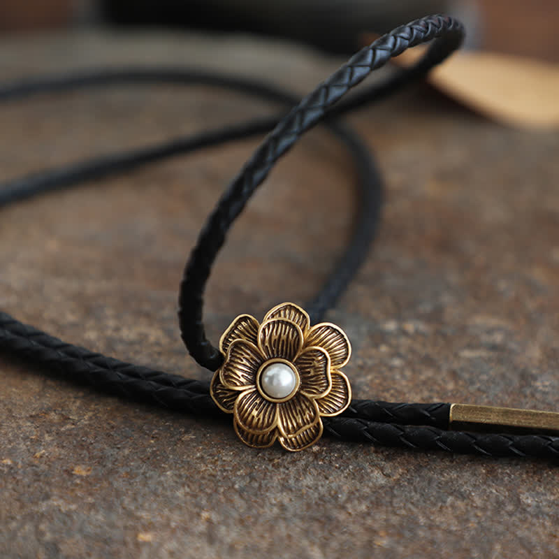 Vintage Gold Little Flower Faux Pearl Bolo Tie - Leather Rope - image 2