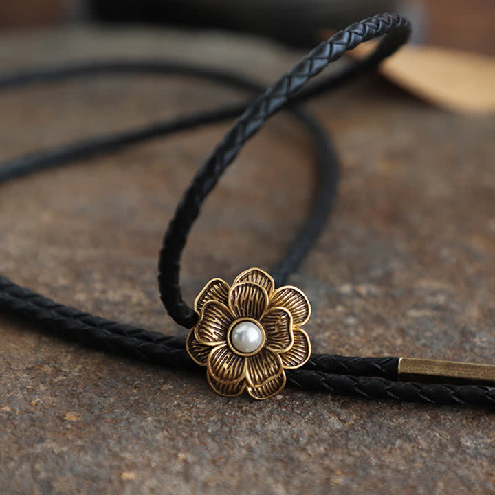 Vintage Gold Little Flower Faux Pearl Bolo Tie - Leather Rope - image 2