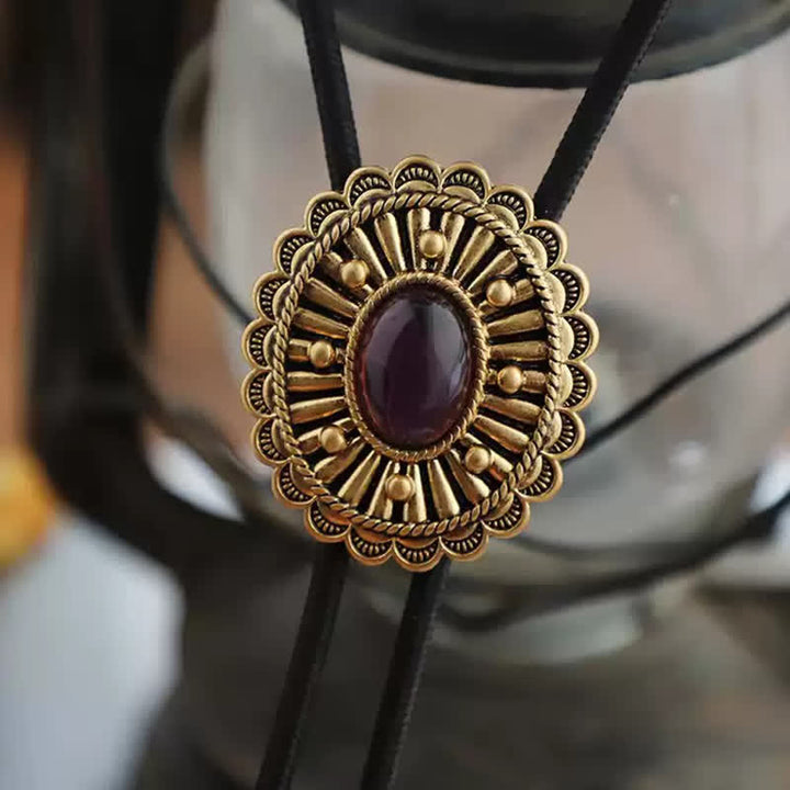 Antique Gold Medallion Dark Red Resin Bolo Tie