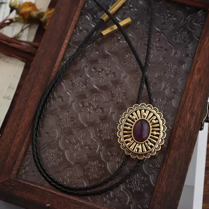 Antique Gold Medallion Dark Red Resin Bolo Tie
