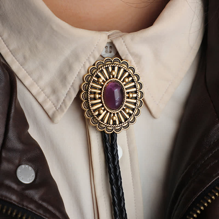 Antique Gold Medallion Dark Red Resin Bolo Tie