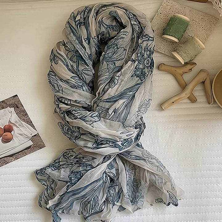 Women's Floral Print Lightweight Cotton Linen Thin Scarf - Blue - image 2