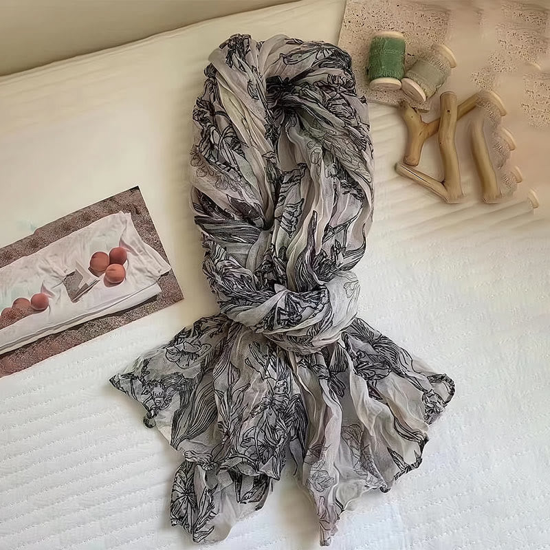 Women's Floral Print Lightweight Cotton Linen Thin Scarf - Black - image 0