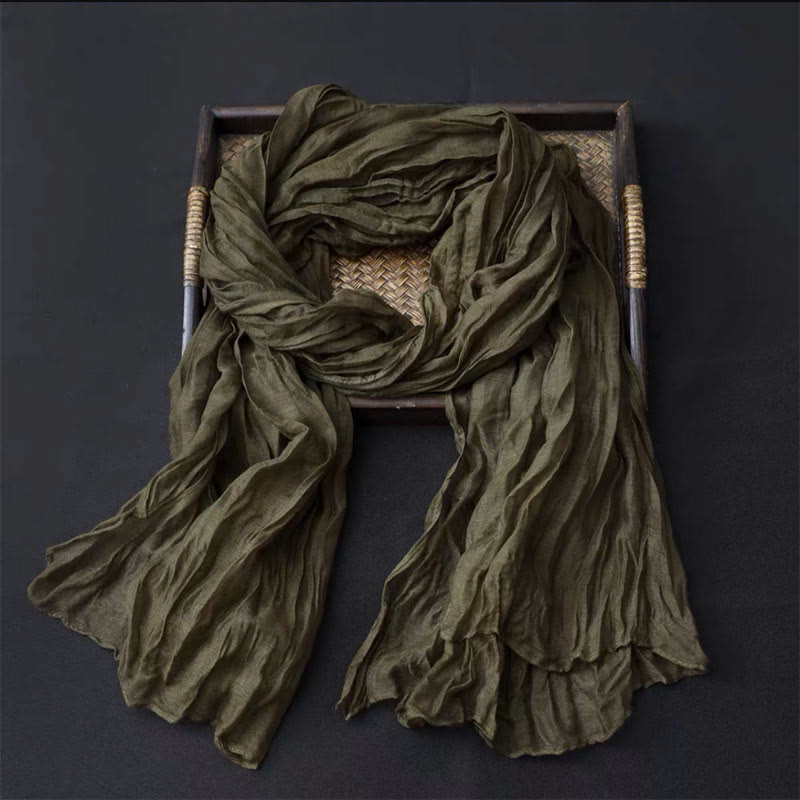 Women's Retro Solid Color Cotton Linen Thin Scarf - Olive Green - image 4