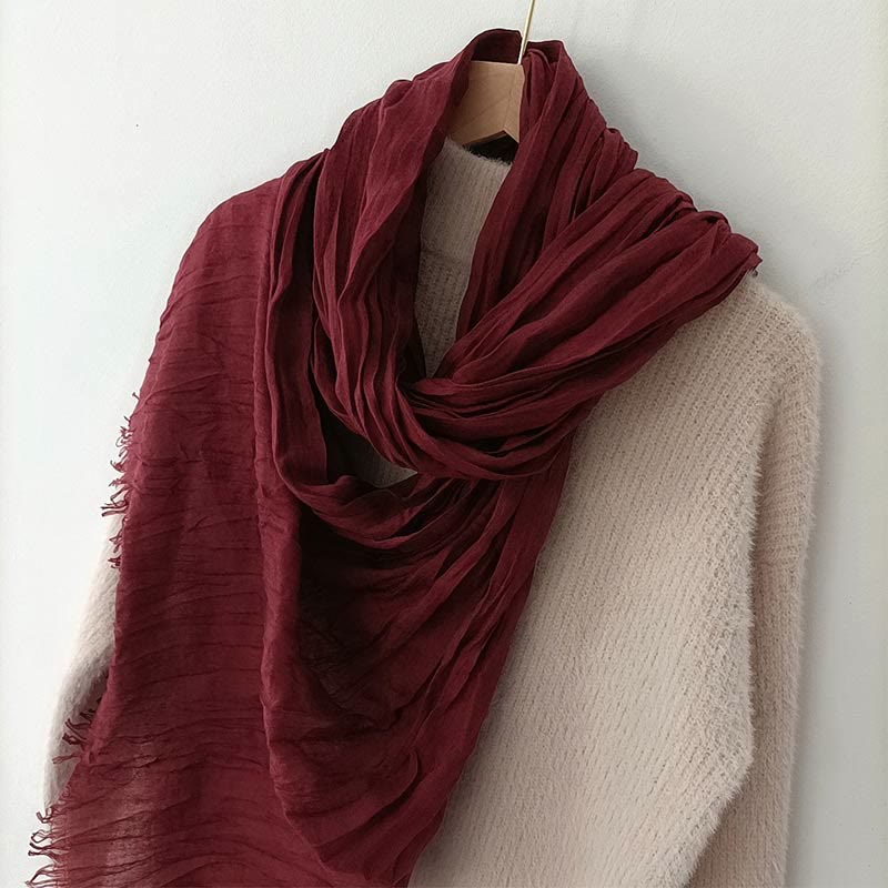 Women's Retro Solid Color Lightweight Cotton Linen Thin Scarf - Wine Red - image 7