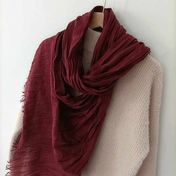 Women's Retro Solid Color Lightweight Cotton Linen Thin Scarf - Wine Red - image 7