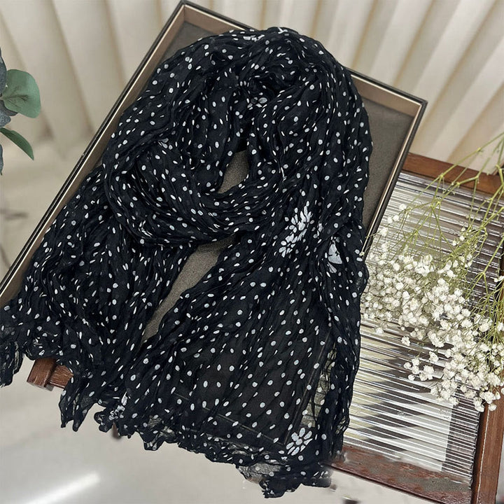 Women's Retro Polka Dot Crinkle Thin Scarf - Black Flower - image 8