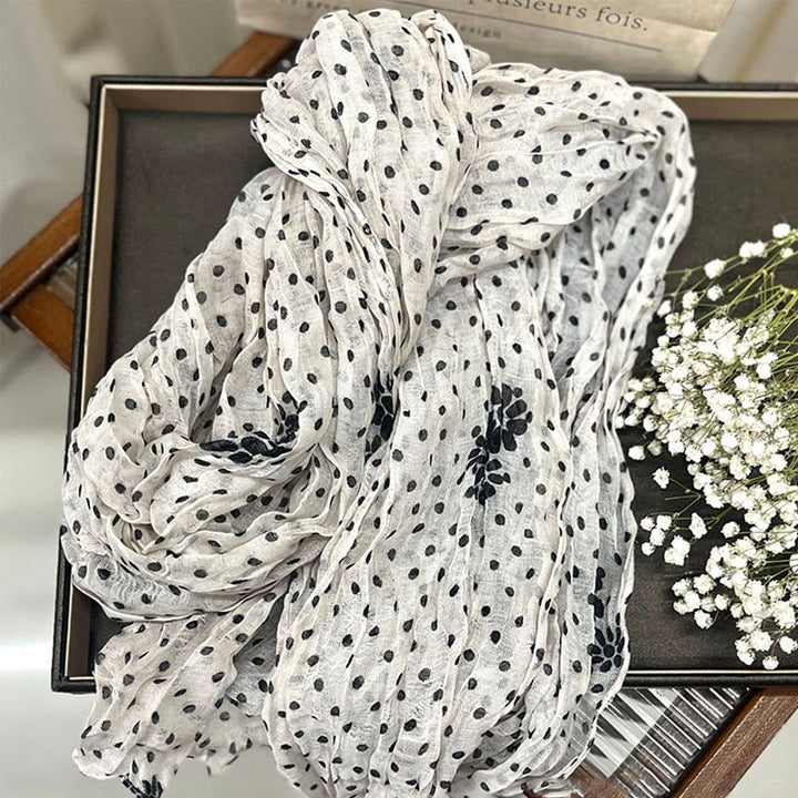 Women's Retro Polka Dot Crinkle Thin Scarf - White Flower - image 7
