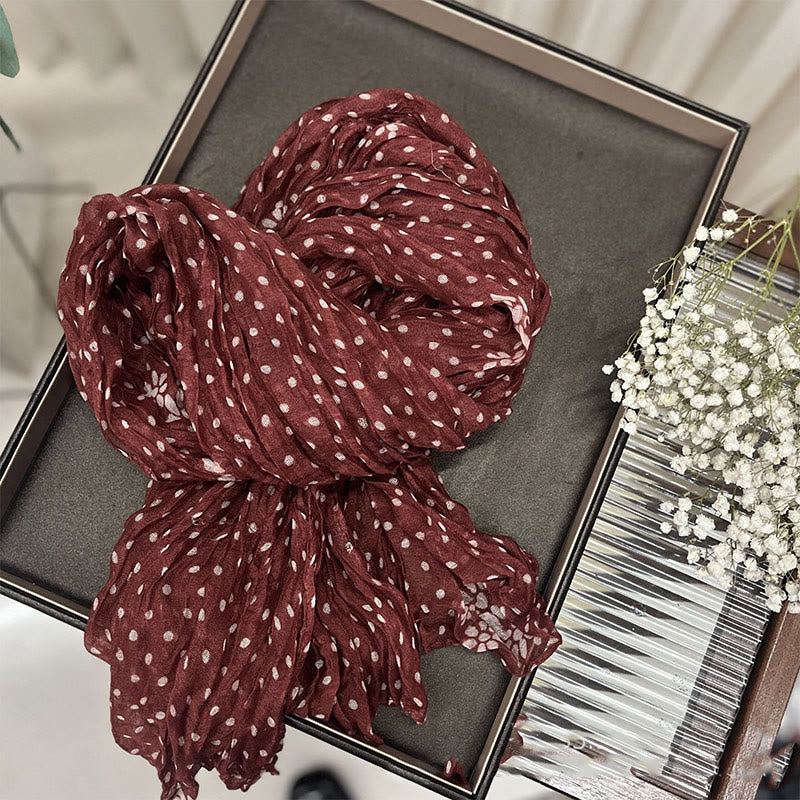 Women's Retro Polka Dot Crinkle Thin Scarf - Dark Red Flower - image 9