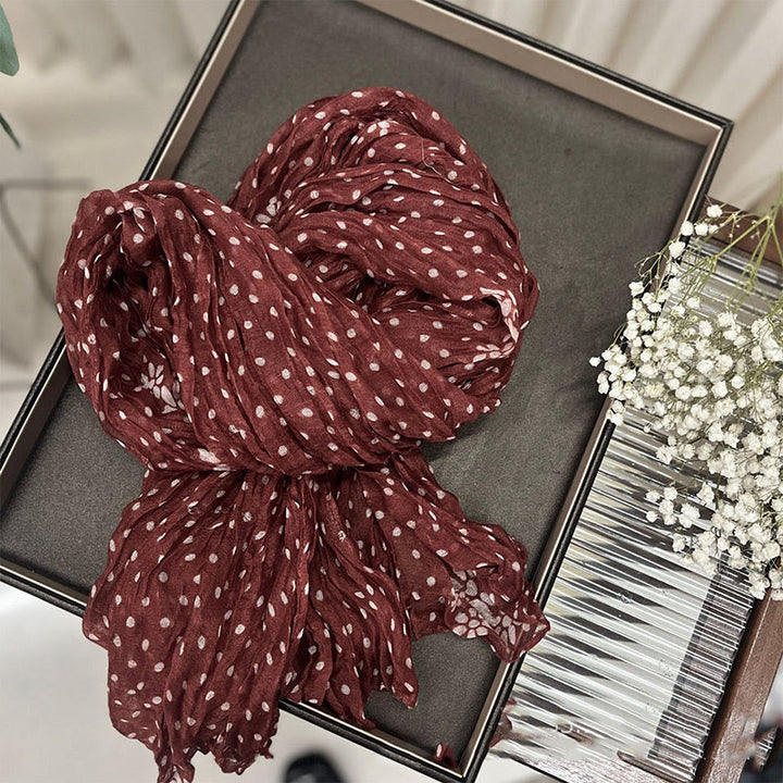 Women's Retro Polka Dot Crinkle Thin Scarf - Dark Red Flower - image 9
