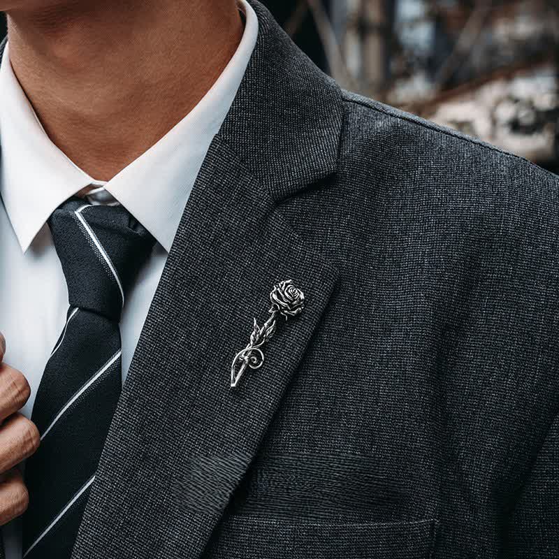 Men's Romantic Gentleman 3D Silver Rose Brooch - Silver - image 0