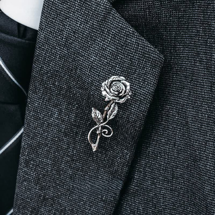 Men's Romantic Gentleman 3D Silver Rose Brooch - image 3