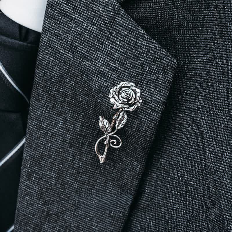 Men's Romantic Gentleman 3D Silver Rose Brooch - image 3