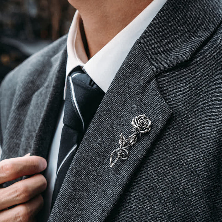 Men's Romantic Gentleman 3D Silver Rose Brooch - image 1