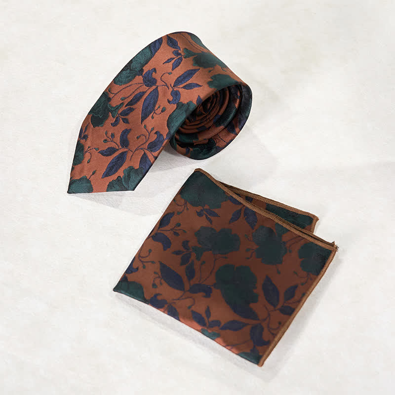 Men's Stylish Floral Printed Design Office Necktie Pocket Square - Sienna - Necktie + Pocket Square - image 5