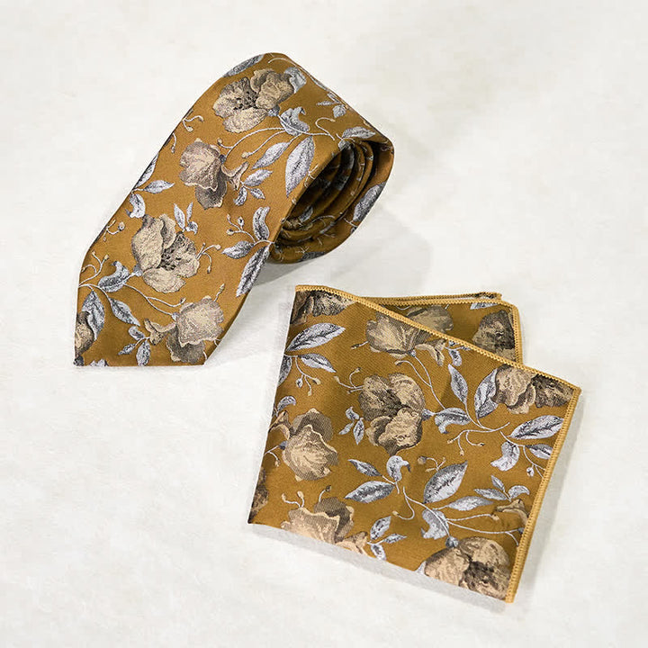 Men's Stylish Floral Printed Design Office Necktie Pocket Square - DarkGoldenrod - Necktie + Pocket Square - image 2