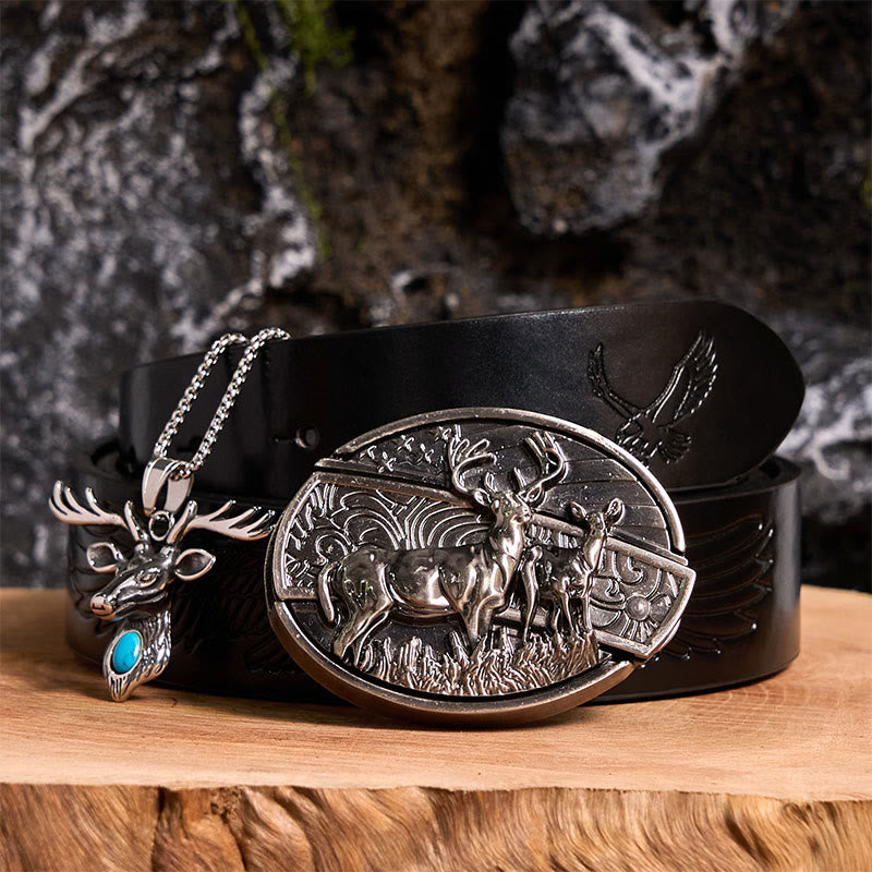 Deer Flag DIY Hidden Knife Belt Buckle With Elk Head Pendant Bundle Set - Deer - Black Embossed Eagle Belt - 42 - image 0