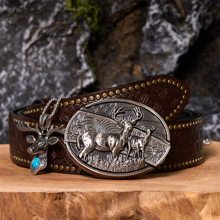 Deer Flag DIY Hidden Knife Belt Buckle With Elk Head Pendant Bundle Set - Deer - Brown Rivet Belt - 42 - image 5