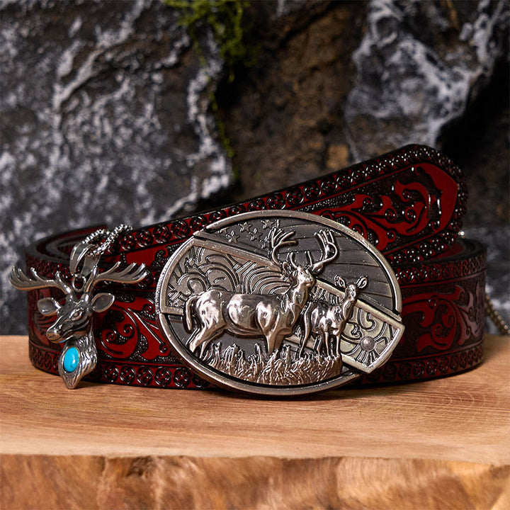Deer Flag DIY Hidden Knife Belt Buckle With Elk Head Pendant Bundle Set - Deer - Brown Carved Belt - 42 - image 7