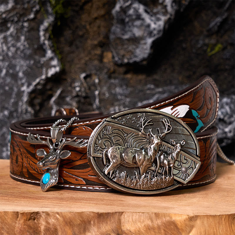 Deer Flag DIY Hidden Knife Belt Buckle With Elk Head Pendant Bundle Set - Deer - Brown Feather Belt - 40 - image 8