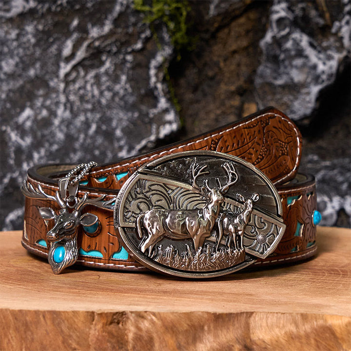 Deer Flag DIY Hidden Knife Belt Buckle With Elk Head Pendant Bundle Set - Deer - Turquoise Carved Belt - 42 - image 4