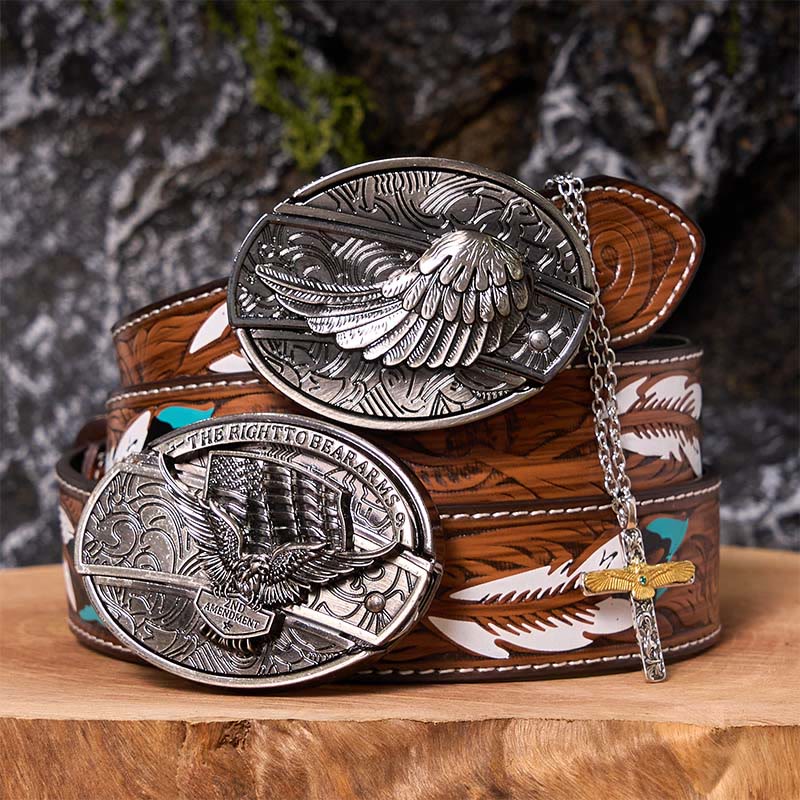 Eagle Wings DIY Hidden Knife Belt Buckle With Eagle Cross Necklace Bundle Set - Eagle Wings - Brown Feather Belt - 40 - image 8