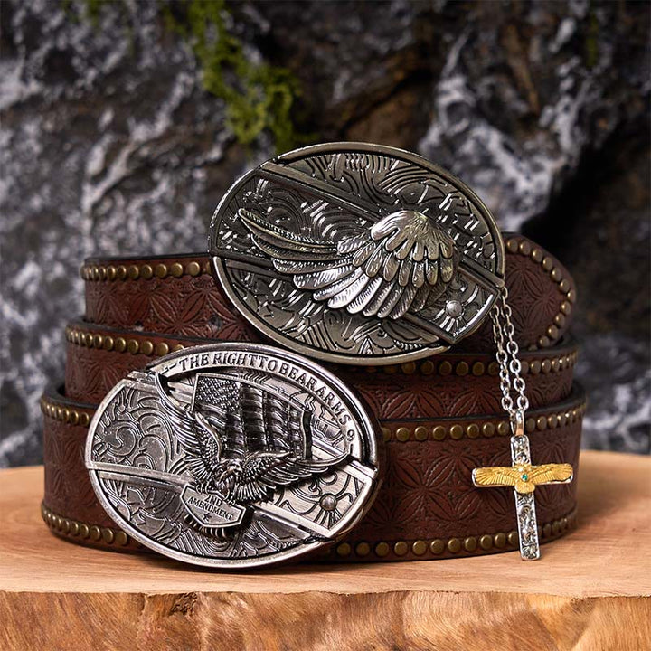Eagle Wings DIY Hidden Knife Belt Buckle With Eagle Cross Necklace Bundle Set - Eagle Wings - Brown Rivet Belt - 42 - image 5