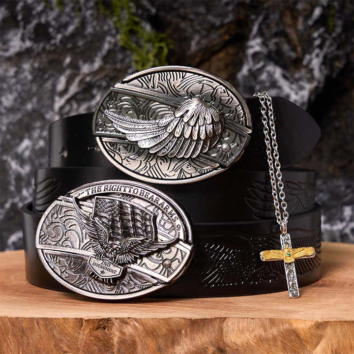 Eagle Wings DIY Hidden Knife Belt Buckle With Eagle Cross Necklace Bundle Set - Eagle Wings - Black Embossed Eagle Belt - 42 - image 4