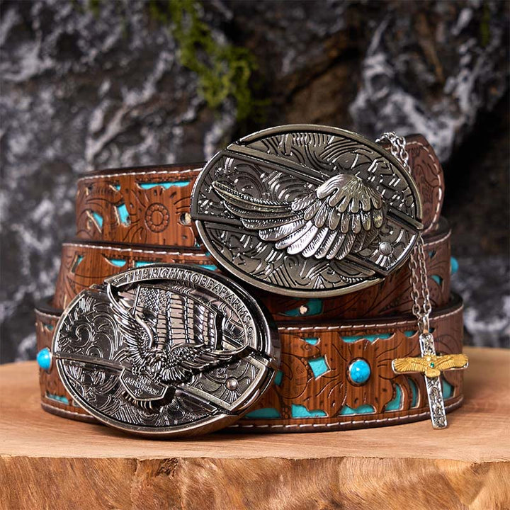 Eagle Wings DIY Hidden Knife Belt Buckle With Eagle Cross Necklace Bundle Set - Eagle Wings - Turquoise Carved Belt - 42 - image 0