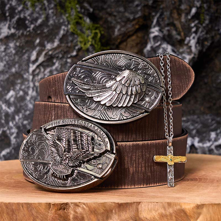 Eagle Wings DIY Hidden Knife Belt Buckle With Eagle Cross Necklace Bundle Set - Eagle Wings - Brown Distressed Belt - 42 - image 6