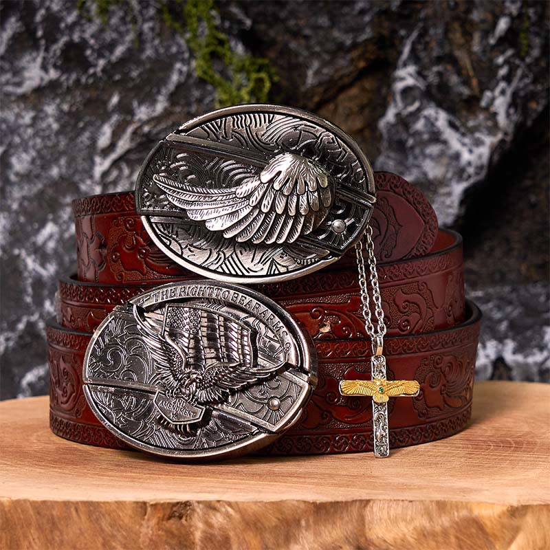 Eagle Wings DIY Hidden Knife Belt Buckle With Eagle Cross Necklace Bundle Set - Eagle Wings - Brown Carved Belt - 42 - image 7