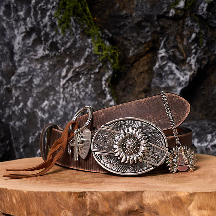 Western Sunflower DIY Hidden Knife Belt Buckle Necklace Keychain Bundle Set - HE - Brown Distressed Belt - 42 - image 7
