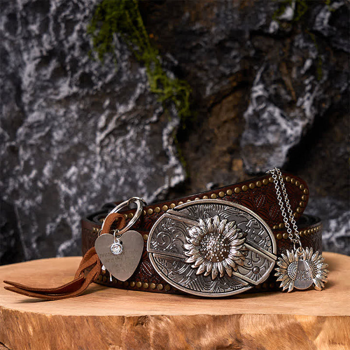 Western Sunflower DIY Hidden Knife Belt Buckle Necklace Keychain Bundle Set - HE - Brown Rivet Belt - 42 - image 6