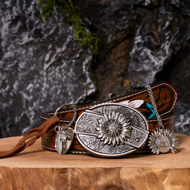 Western Sunflower DIY Hidden Knife Belt Buckle Necklace Keychain Bundle Set - HE - Brown Feather Belt - 40 - image 9