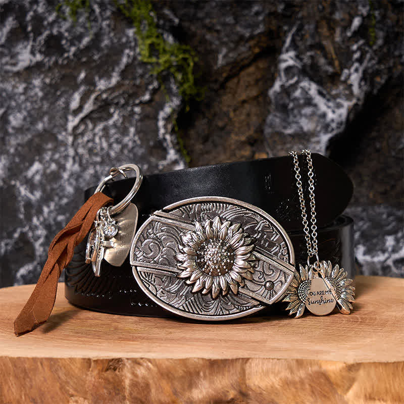 Western Sunflower DIY Hidden Knife Belt Buckle Necklace Keychain Bundle Set - HE - Black Embossed Eagle Belt - 42 - image 0