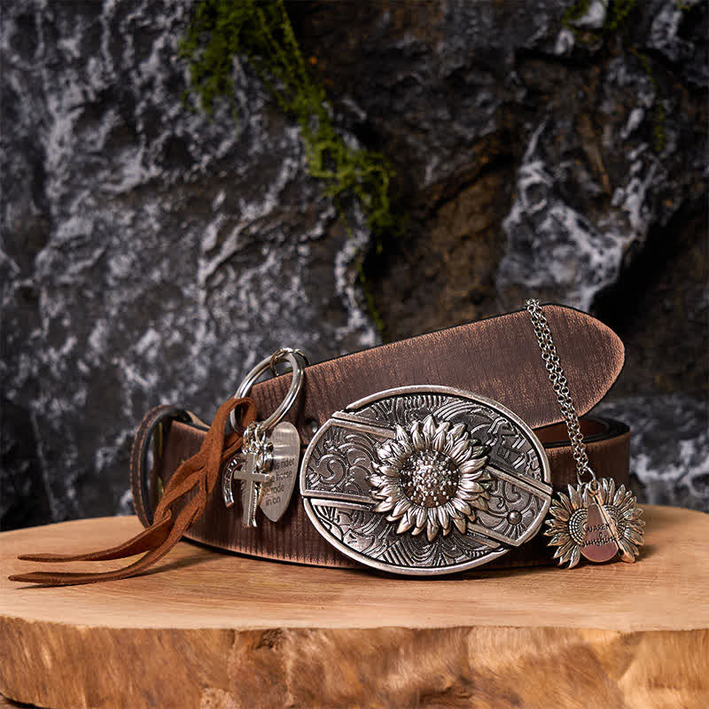 Western Sunflower DIY Hidden Knife Belt Buckle Necklace Keychain Bundle Set - HE - Brown Distressed Belt - 42 - image 7
