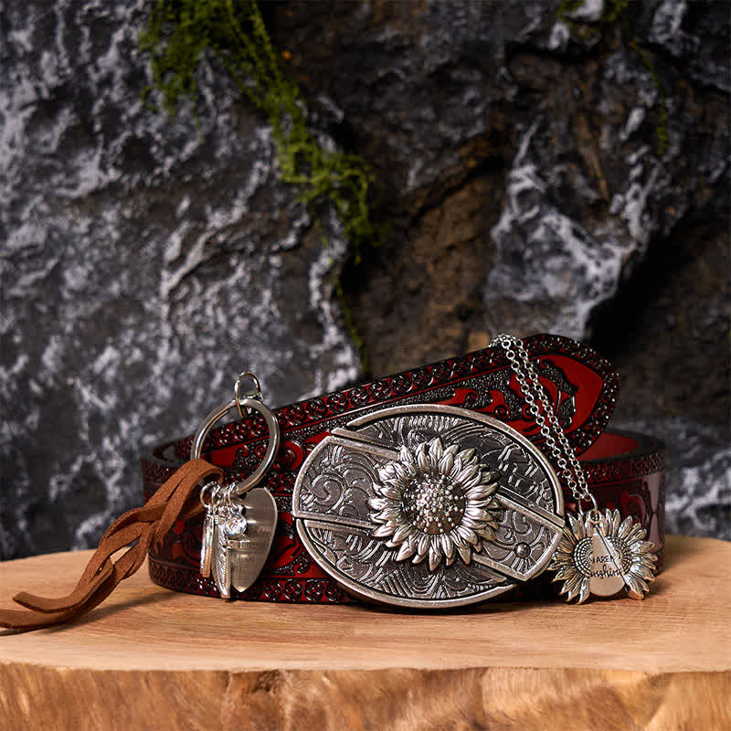 Western Sunflower DIY Hidden Knife Belt Buckle Necklace Keychain Bundle Set - HE - Brown Carved Belt - 42 - image 8