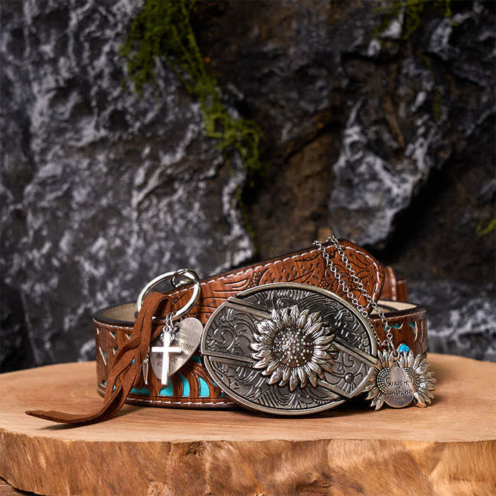 Western Sunflower DIY Hidden Knife Belt Buckle Necklace Keychain Bundle Set - HE - Turquoise Carved Belt - 42 - image 5