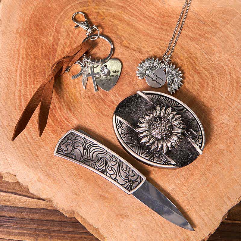 Western Sunflower DIY Hidden Knife Belt Buckle Necklace Keychain Bundle Set - image 2