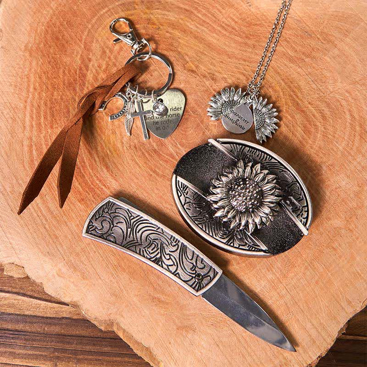 Western Sunflower DIY Hidden Knife Belt Buckle Necklace Keychain Bundle Set - image 2