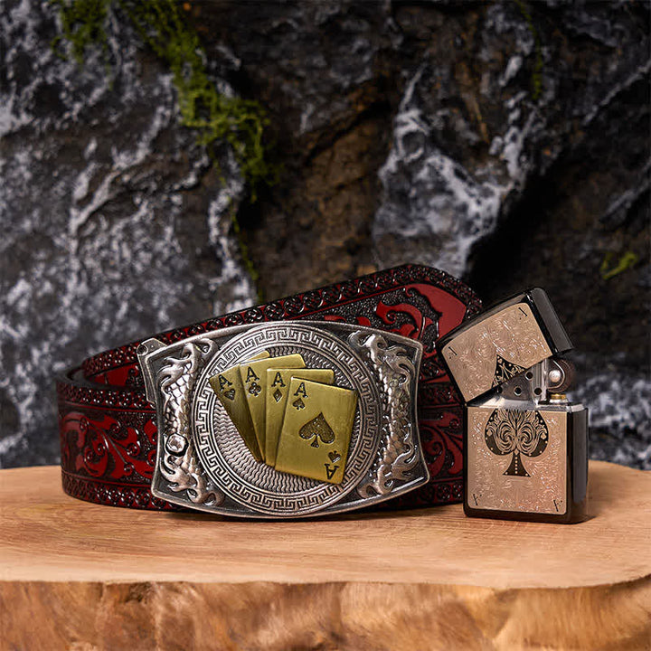 Poker Ace DIY Hidden Knife Belt Buckle Black Ice Lighter Bundle Set - Poker - Brown Carved Belt - 42 - image 6