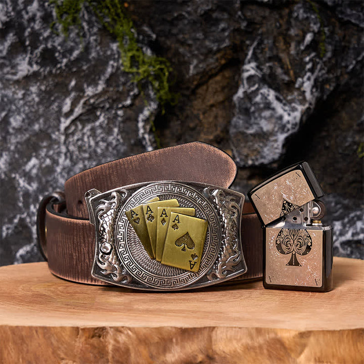 Poker Ace DIY Hidden Knife Belt Buckle Black Ice Lighter Bundle Set - Poker - Brown Distressed Belt - 42 - image 0